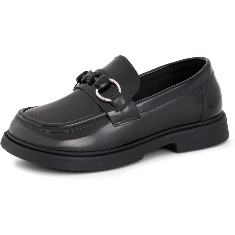 imageTobfis Girls SlipOn Round Toe Oxford Butterfly Metal Chain Patent Leather Penny Loafers Flats Church School Uniform Kids Moccasins Dress Shoes ToddlerLittle KidBig KidBlack