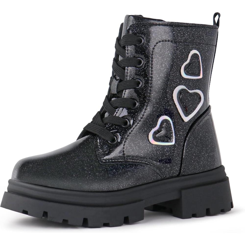 imageTobfis Kids Girls Fashion Shiny Combat Work Boots Side Zipper Ankle BootsToddlerLittle KidBig KidBlack