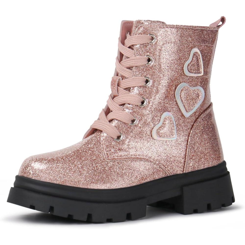 imageTobfis Kids Girls Fashion Shiny Combat Work Boots Side Zipper Ankle BootsToddlerLittle KidBig KidChampagne