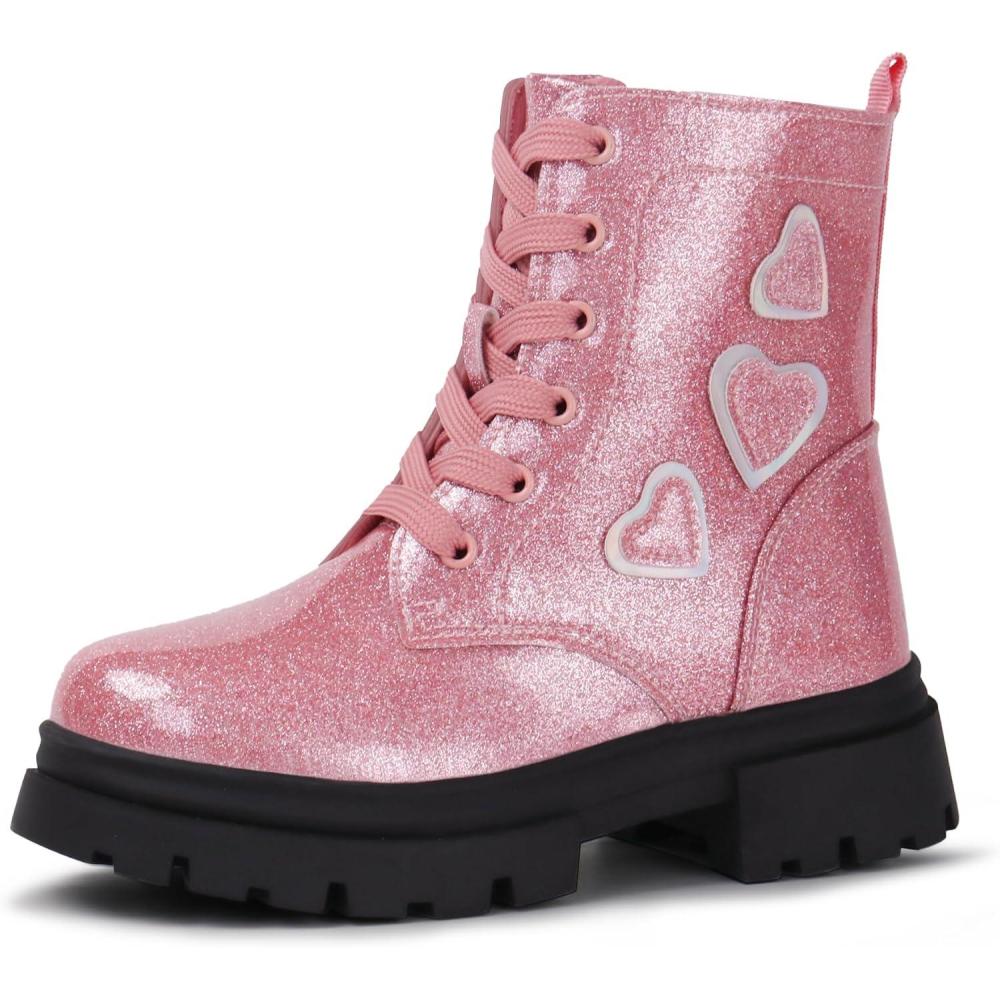 imageTobfis Kids Girls Fashion Shiny Combat Work Boots Side Zipper Ankle BootsToddlerLittle KidBig KidPink