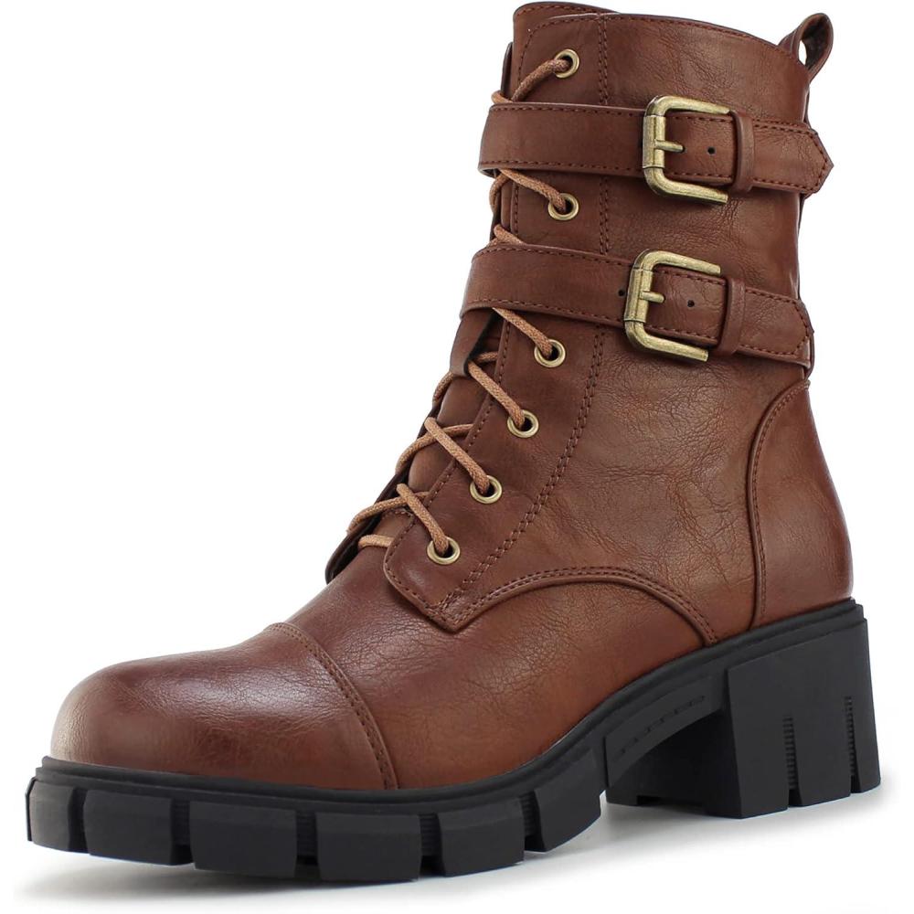 imageTobfis Womens Combat Boots Side Zipper Buckle Chunky Heel Ankle BootiesBrown