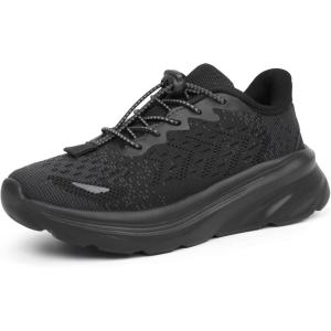 Tobfis Boys Girls Kids Arch Support Bungee Tennis Athletic Running Shoes Lightweight Breathable School Walking Sneakers(Toddler/Little Kid/Big Kid)(Black)