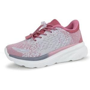 Tobfis Boys Girls Kids Arch Support Bungee Tennis Athletic Running Shoes Lightweight Breathable School Walking Sneakers(Toddler/Little Kid/Big Kid)(Grey/Pink)