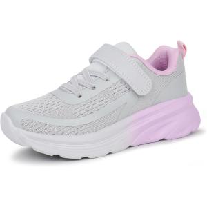 Tobfis Boys Girls Kids Arch Support Tennis Athletic Running Shoes Breathable Lightweight Strap Casual School Walking Sneakers(Toddler/Little Kid/Big Kid)(Grey/Pink)