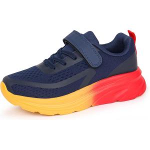 Tobfis Boys Girls Kids Arch Support Tennis Athletic Running Shoes Breathable Lightweight Strap Casual School Walking Sneakers(Toddler/Little Kid/Big Kid)(Navy/Yellow/Red)