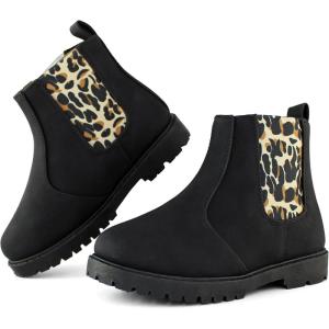 Tobfis Girl’s Fashion Shiny Chelsea Boot Ankle Boots(Toddler/Little Kid/Big Kid)(Black Leopard)