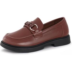 Tobfis Girls Slip-On Round Toe Oxford Butterfly Metal Chain Patent Leather Penny Loafers Flats Church School Uniform Kids Moccasins Dress Shoes (Toddler/Little Kid/Big Kid)(Brown)