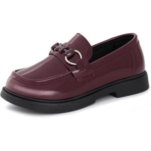 Tobfis Girls Slip-On Round Toe Oxford Butterfly Metal Chain Patent Leather Penny Loafers Flats Church School Uniform Kids Moccasins Dress Shoes (Toddler/Little Kid/Big Kid)(Burgundy)
