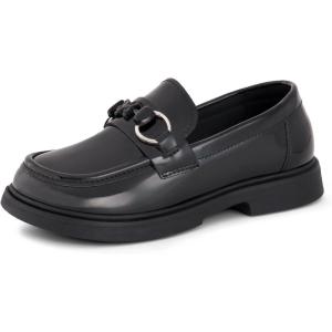 Tobfis Girls Slip-On Round Toe Oxford Butterfly Metal Chain Patent Leather Penny Loafers Flats Church School Uniform Kids Moccasins Dress Shoes (Toddler/Little Kid/Big Kid)(Black)