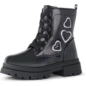 Tobfis Kids Girls Fashion Shiny Combat Work Boots Side Zipper Ankle Boots(Toddler/Little Kid/Big Kid)(Black)