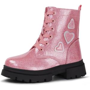 Tobfis Kids Girls Fashion Shiny Combat Work Boots Side Zipper Ankle Boots(Toddler/Little Kid/Big Kid)(Pink)