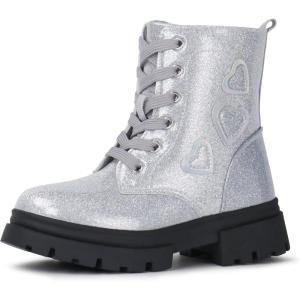 Tobfis Kids Girls Fashion Shiny Combat Work Boots Side Zipper Ankle Boots(Toddler/Little Kid/Big Kid)(Silver)