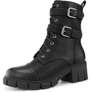 Tobfis Women’s Combat Boots Side Zipper Buckle Chunky Heel Ankle Booties(Black)