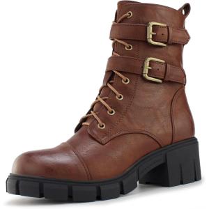 Tobfis Women’s Combat Boots Side Zipper Buckle Chunky Heel Ankle Booties(Brown)