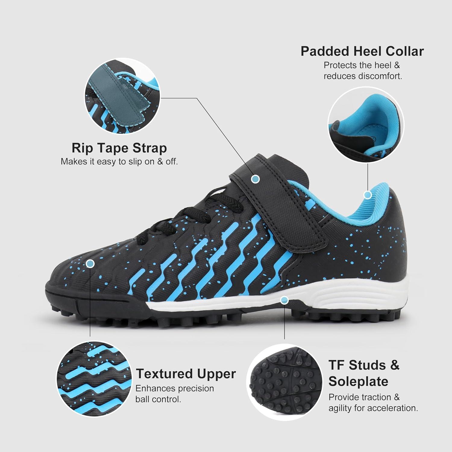 imageTobfis Boys Girls Indoor Training Soccer Cleats Turf Soccer Shoe UnisexChild Athletic SneakersBlack Blue