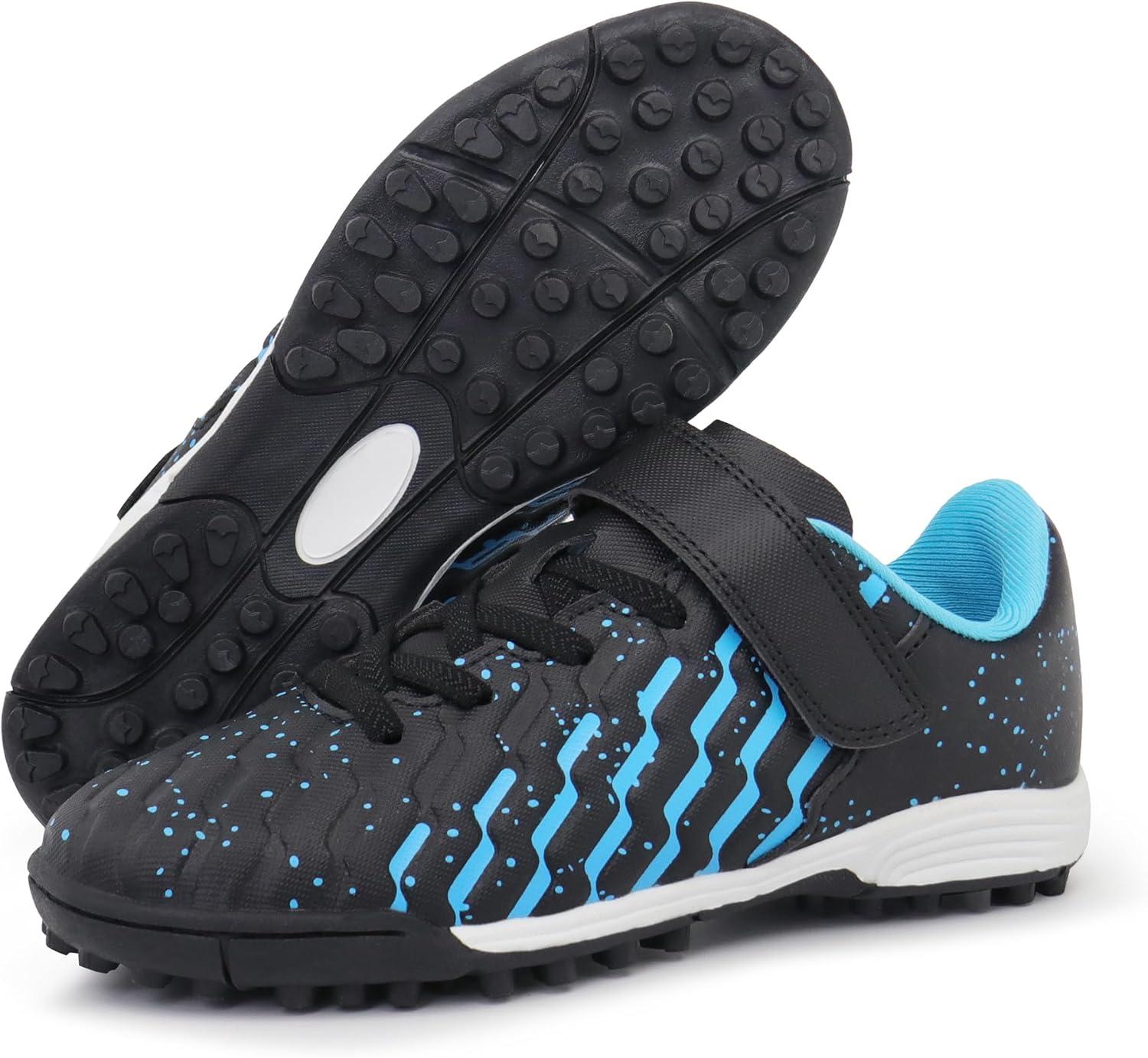 imageTobfis Boys Girls Indoor Training Soccer Cleats Turf Soccer Shoe UnisexChild Athletic SneakersBlack Blue