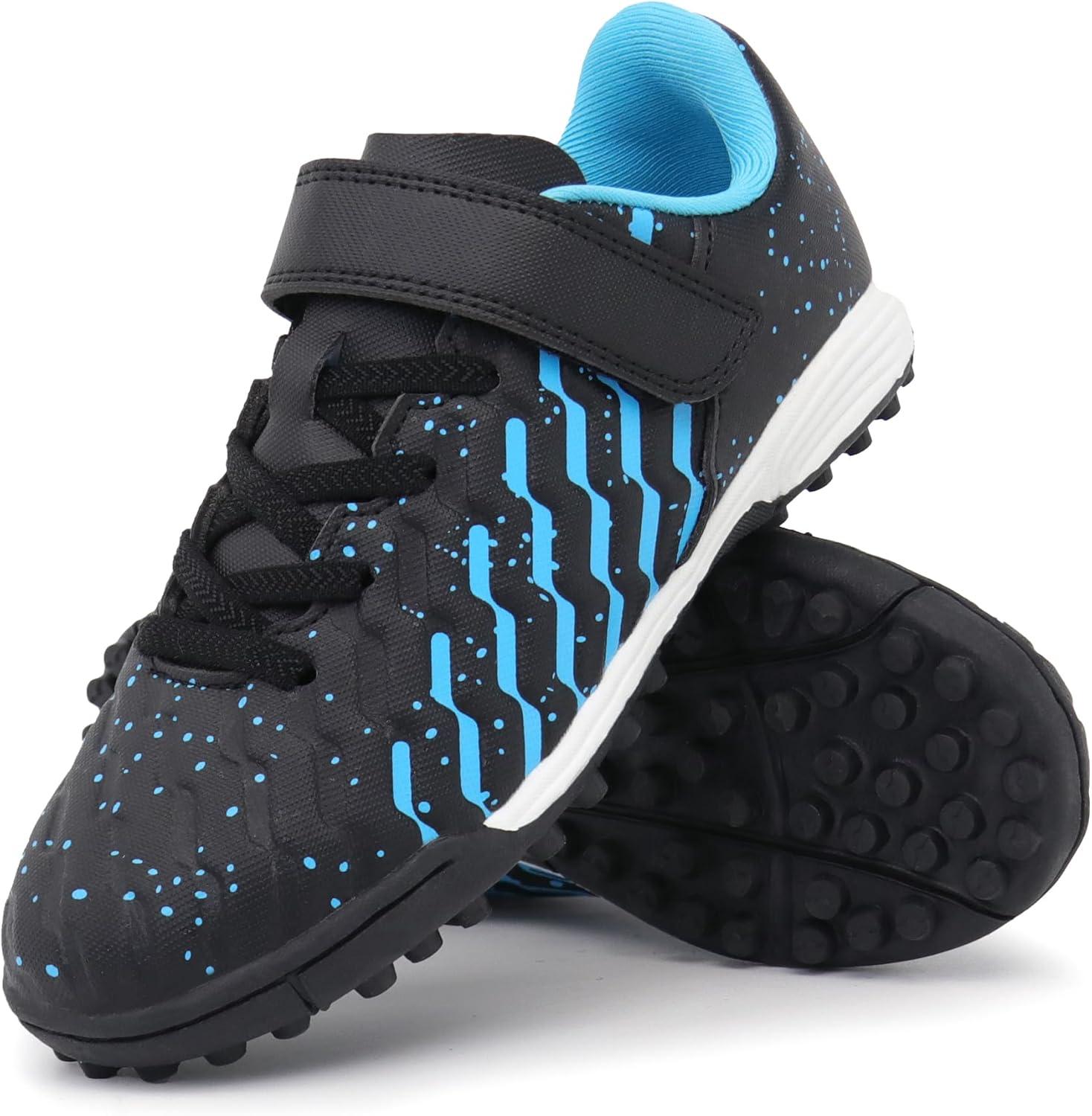 imageTobfis Boys Girls Indoor Training Soccer Cleats Turf Soccer Shoe UnisexChild Athletic SneakersBlack Blue