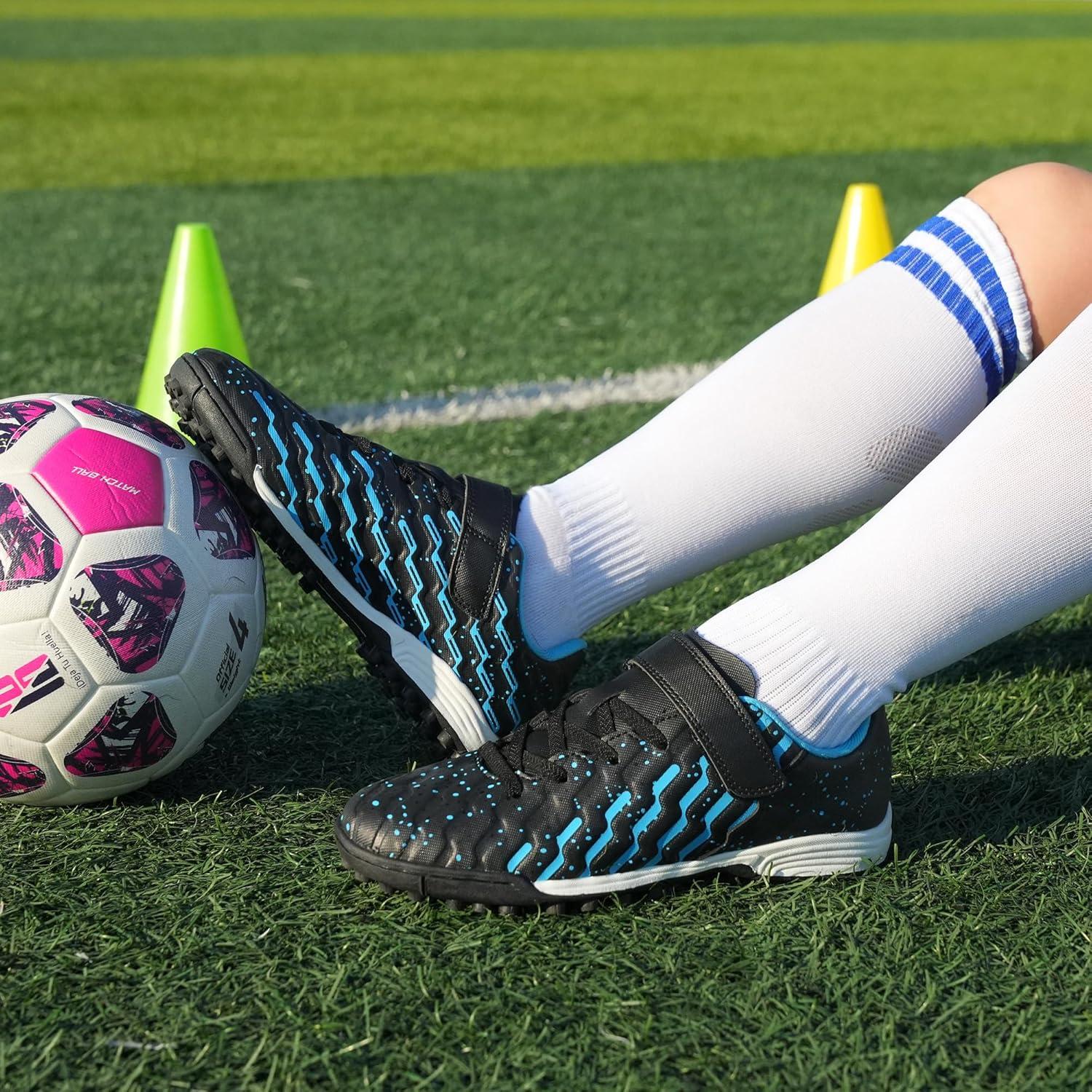 imageTobfis Boys Girls Indoor Training Soccer Cleats Turf Soccer Shoe UnisexChild Athletic SneakersBlack Blue