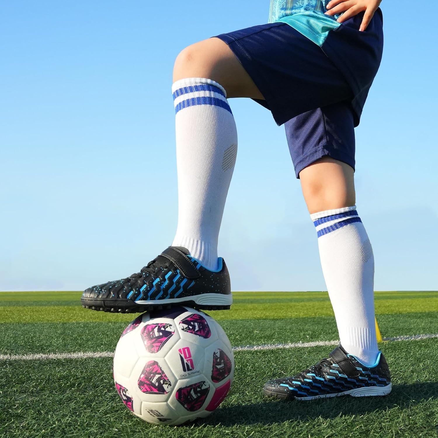 imageTobfis Boys Girls Indoor Training Soccer Cleats Turf Soccer Shoe UnisexChild Athletic SneakersBlack Blue