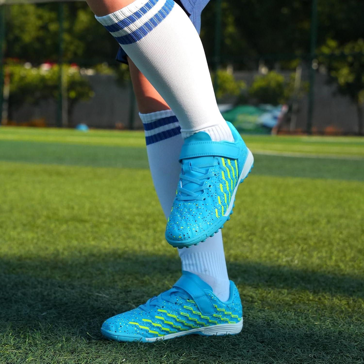 imageTobfis Boys Girls Indoor Training Soccer Cleats Turf Soccer Shoe UnisexChild Athletic SneakersBlue