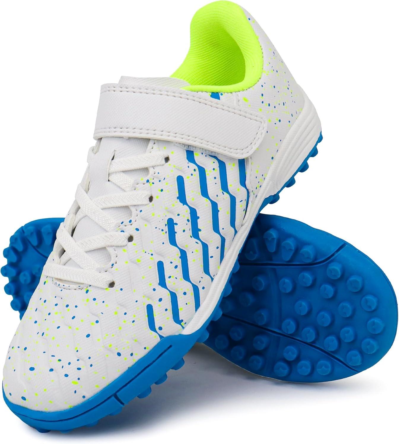 imageTobfis Boys Girls Indoor Training Soccer Cleats Turf Soccer Shoe UnisexChild Athletic SneakersWhite Blue