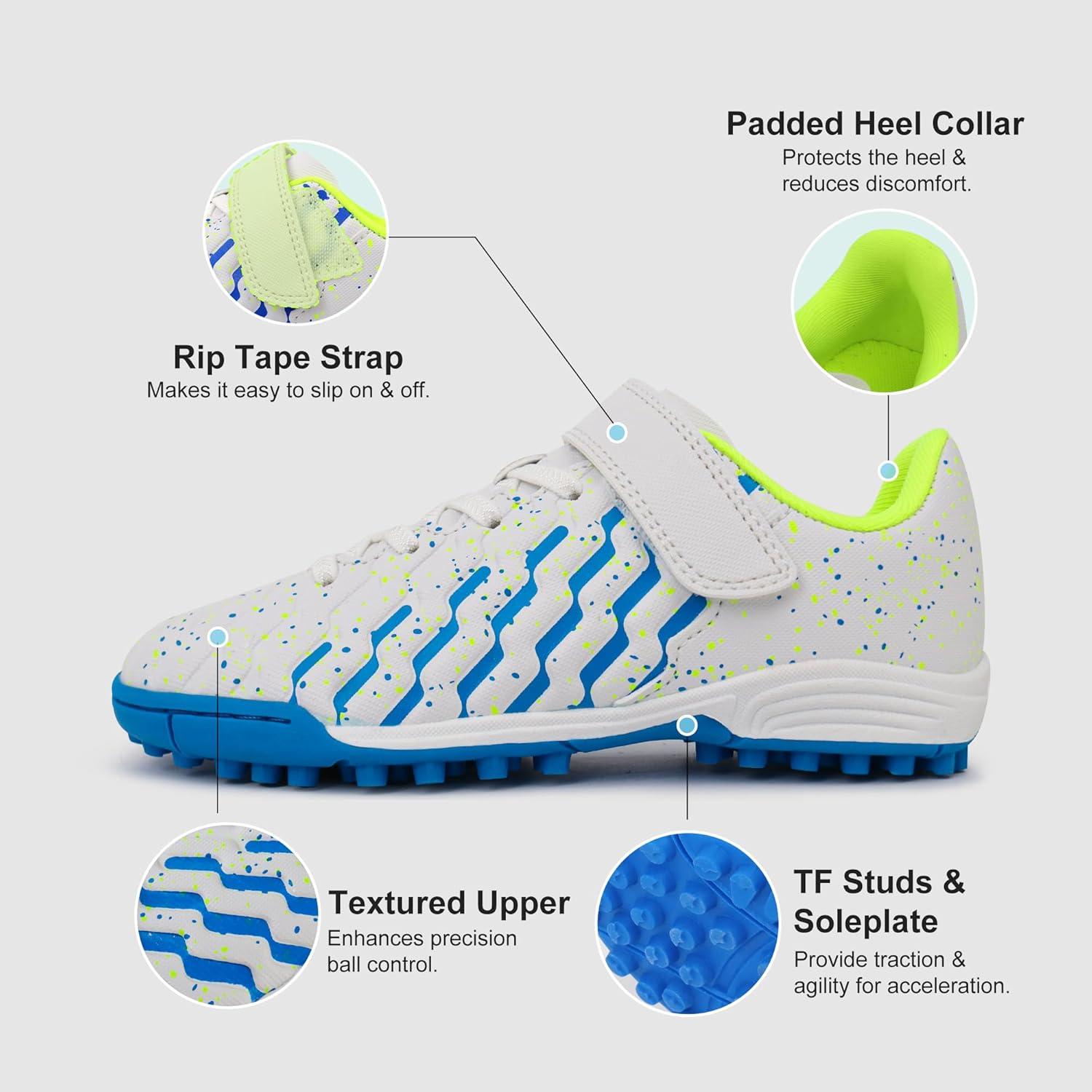 imageTobfis Boys Girls Indoor Training Soccer Cleats Turf Soccer Shoe UnisexChild Athletic SneakersWhite Blue