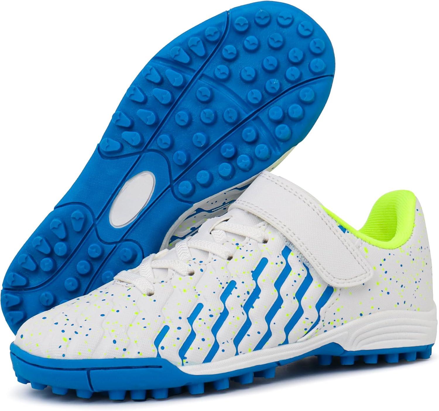 imageTobfis Boys Girls Indoor Training Soccer Cleats Turf Soccer Shoe UnisexChild Athletic SneakersWhite Blue