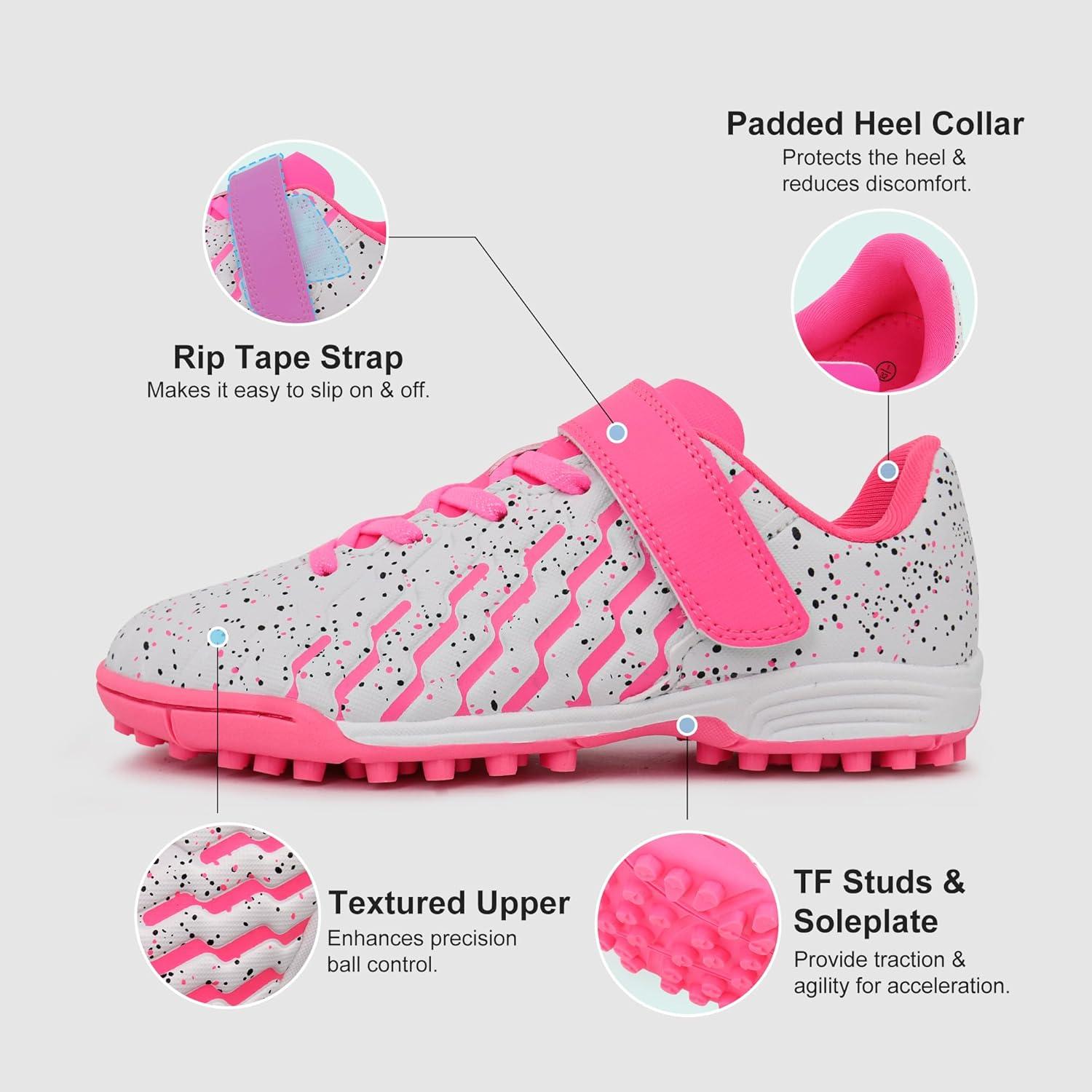 imageTobfis Boys Girls Indoor Training Soccer Cleats Turf Soccer Shoe UnisexChild Athletic SneakersWhite Pink