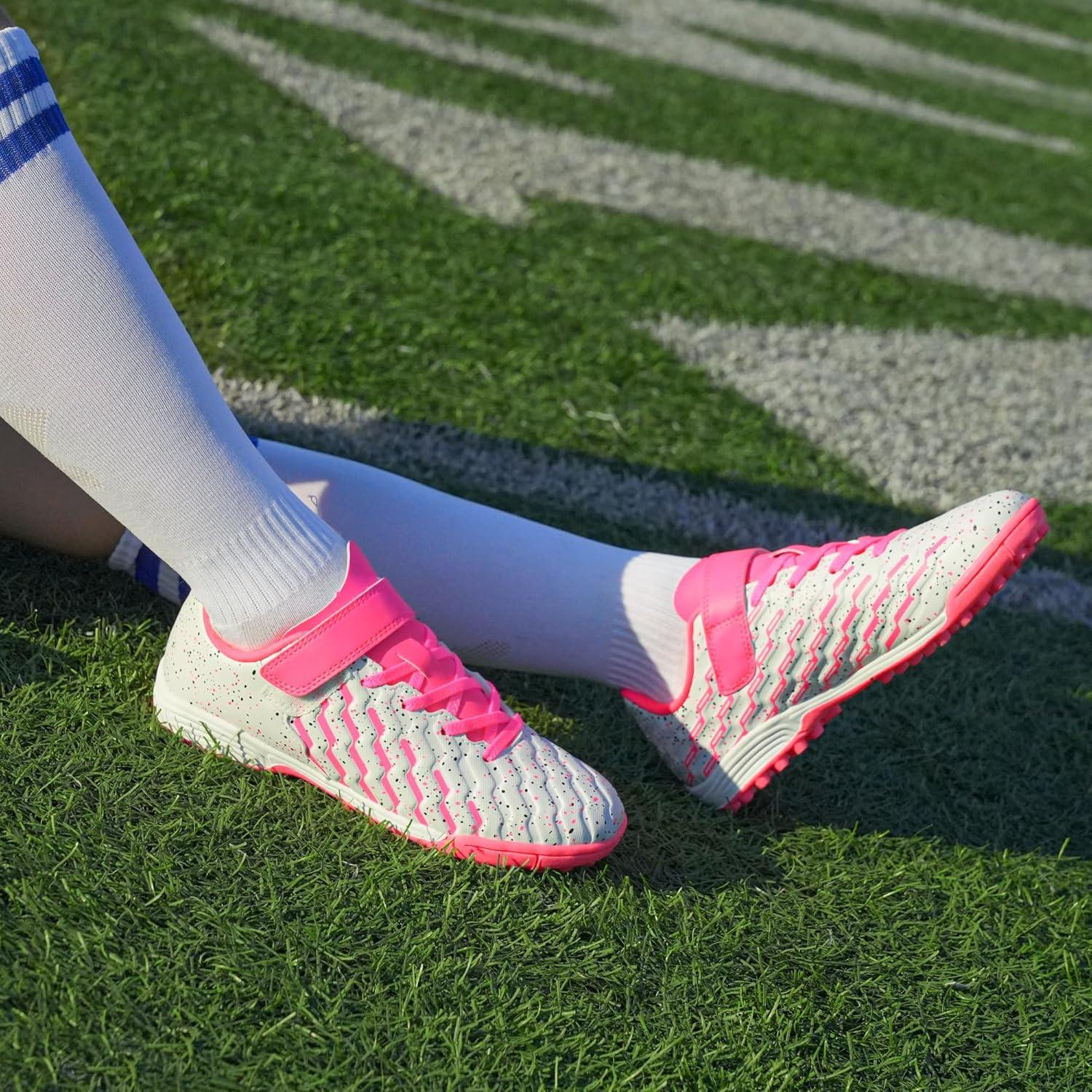 imageTobfis Boys Girls Indoor Training Soccer Cleats Turf Soccer Shoe UnisexChild Athletic SneakersWhite Pink