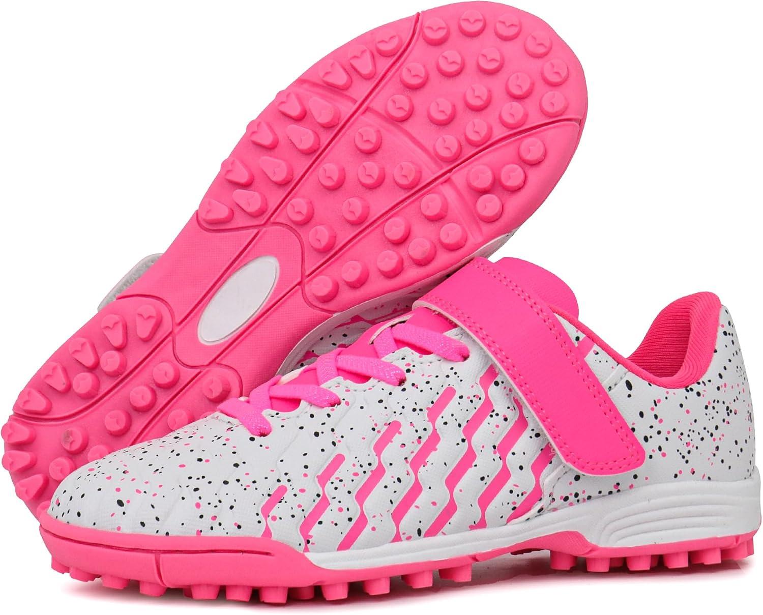 imageTobfis Boys Girls Indoor Training Soccer Cleats Turf Soccer Shoe UnisexChild Athletic SneakersWhite Pink
