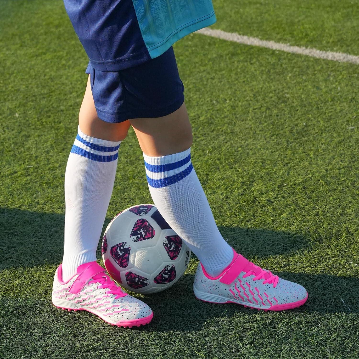 imageTobfis Boys Girls Indoor Training Soccer Cleats Turf Soccer Shoe UnisexChild Athletic SneakersWhite Pink