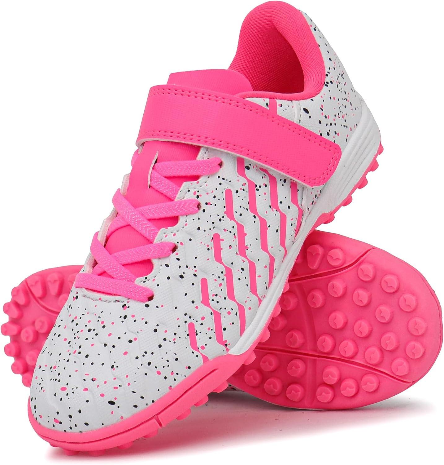 imageTobfis Boys Girls Indoor Training Soccer Cleats Turf Soccer Shoe UnisexChild Athletic SneakersWhite Pink