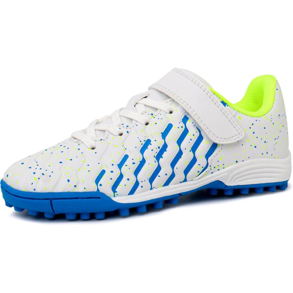 imageTobfis Boys Girls Indoor Training Soccer Cleats Turf Soccer Shoe UnisexChild Athletic SneakersWhite Blue