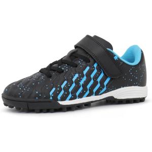 Tobfis Boys Girls Indoor Training Soccer Cleats Turf Soccer Shoe Unisex-Child Athletic Sneakers(Black Blue)