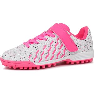 Tobfis Boys Girls Indoor Training Soccer Cleats Turf Soccer Shoe Unisex-Child Athletic Sneakers(White Pink)